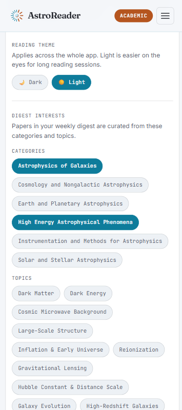 Reading theme and topic interests settings