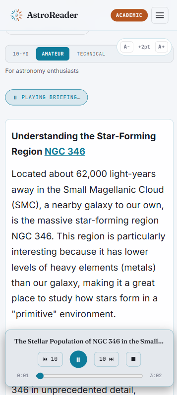 Cosmic Briefing audio player open on an article