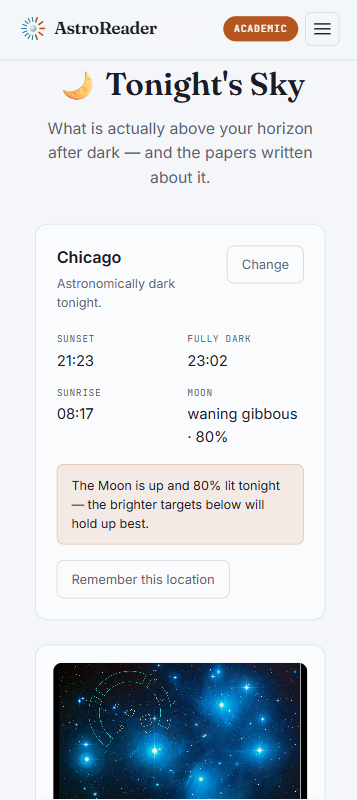Tonight's Sky location and moon phase panel
