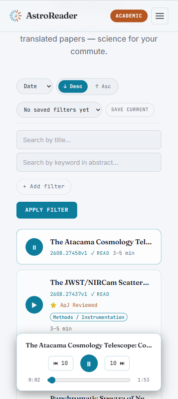 Cosmic Briefings list of audio briefings with play controls and waveform.